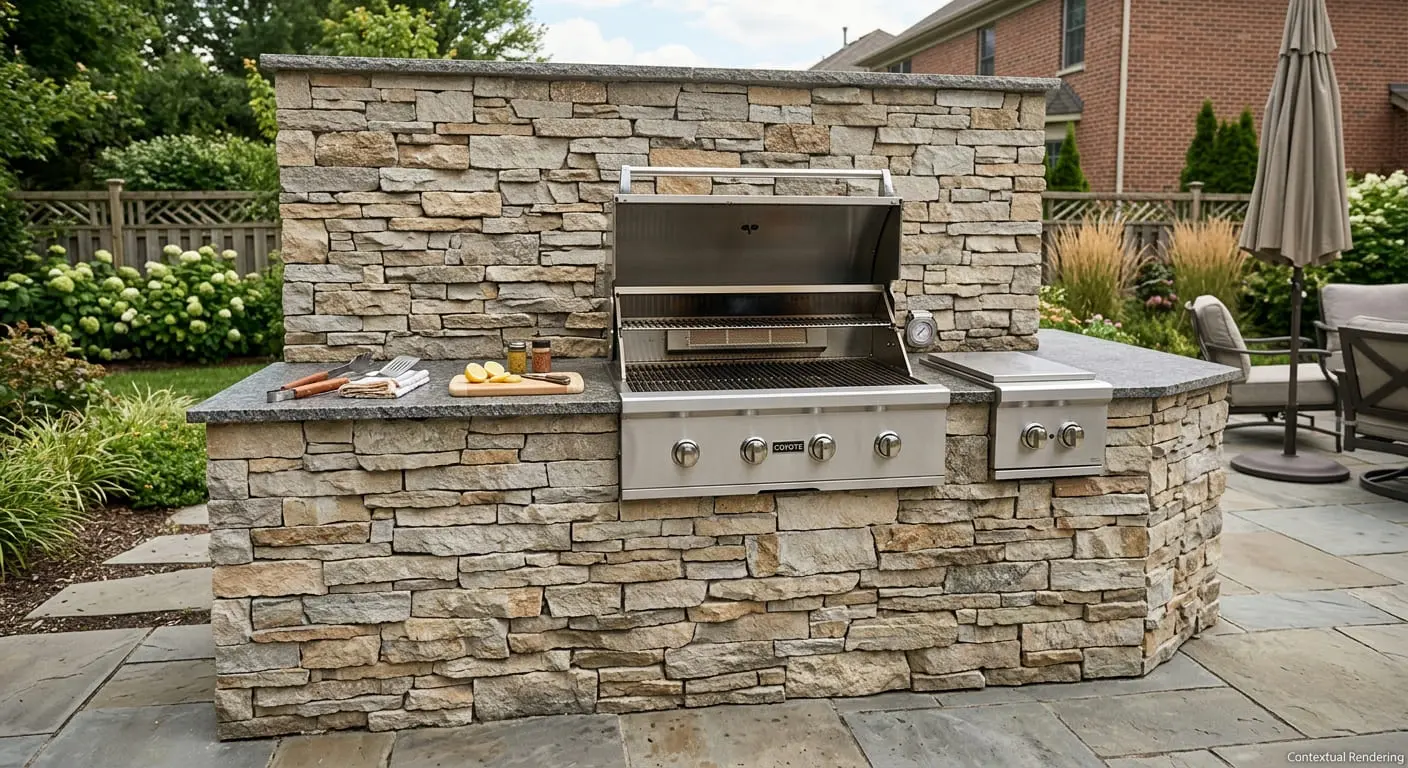 Conceptual rendering of quartzite ledger stone in kitchen grill.