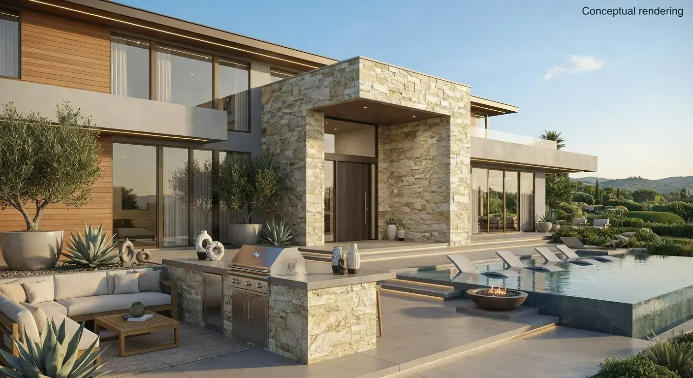 Conceptual rendering of a modern home facade with quartzite stone cladding on exposed walls.