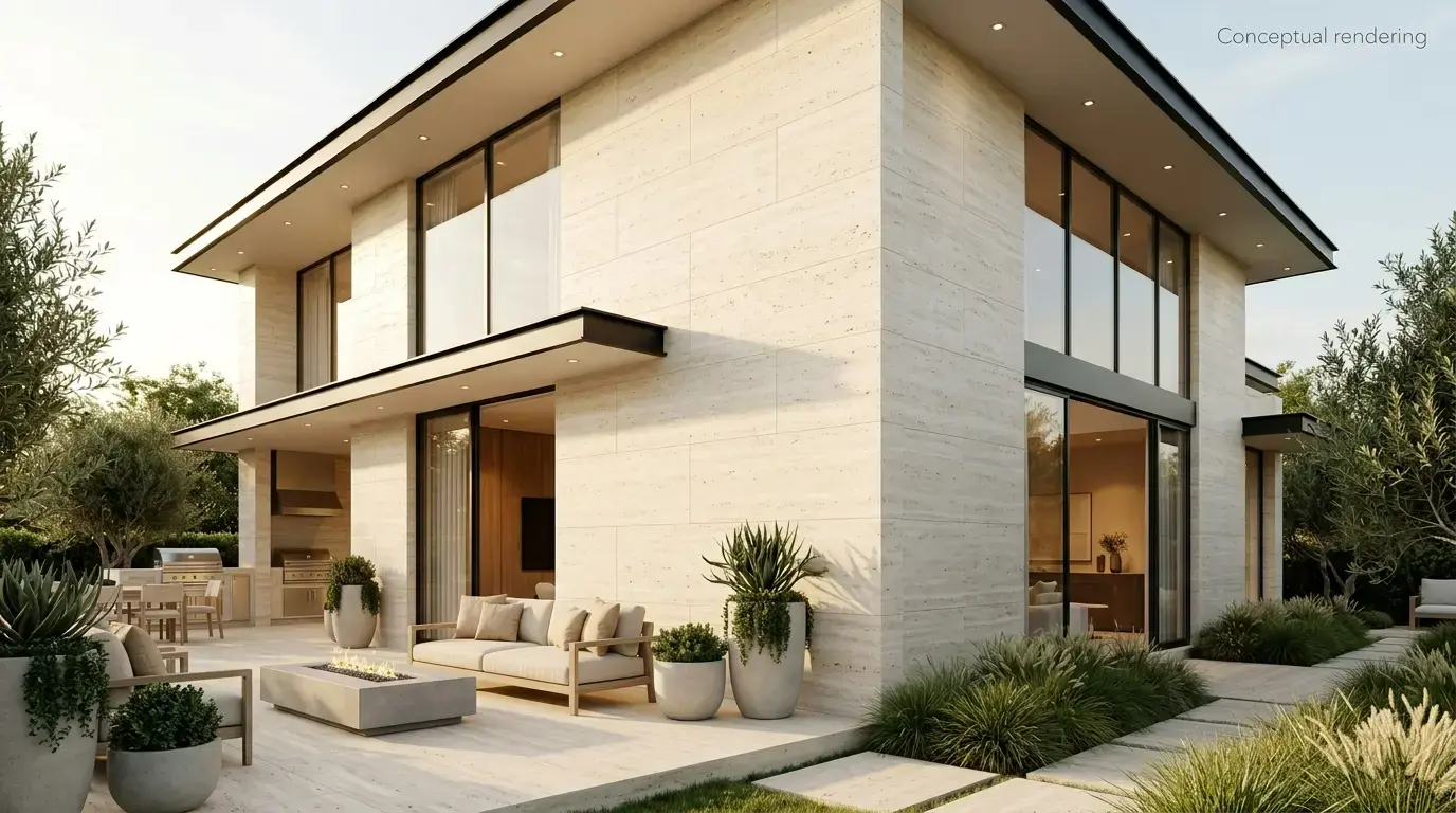 Conceptual rendering of a two-story modern home clad in large-format travertine panels, with a covered patio, fire table, and outdoor kitchen.