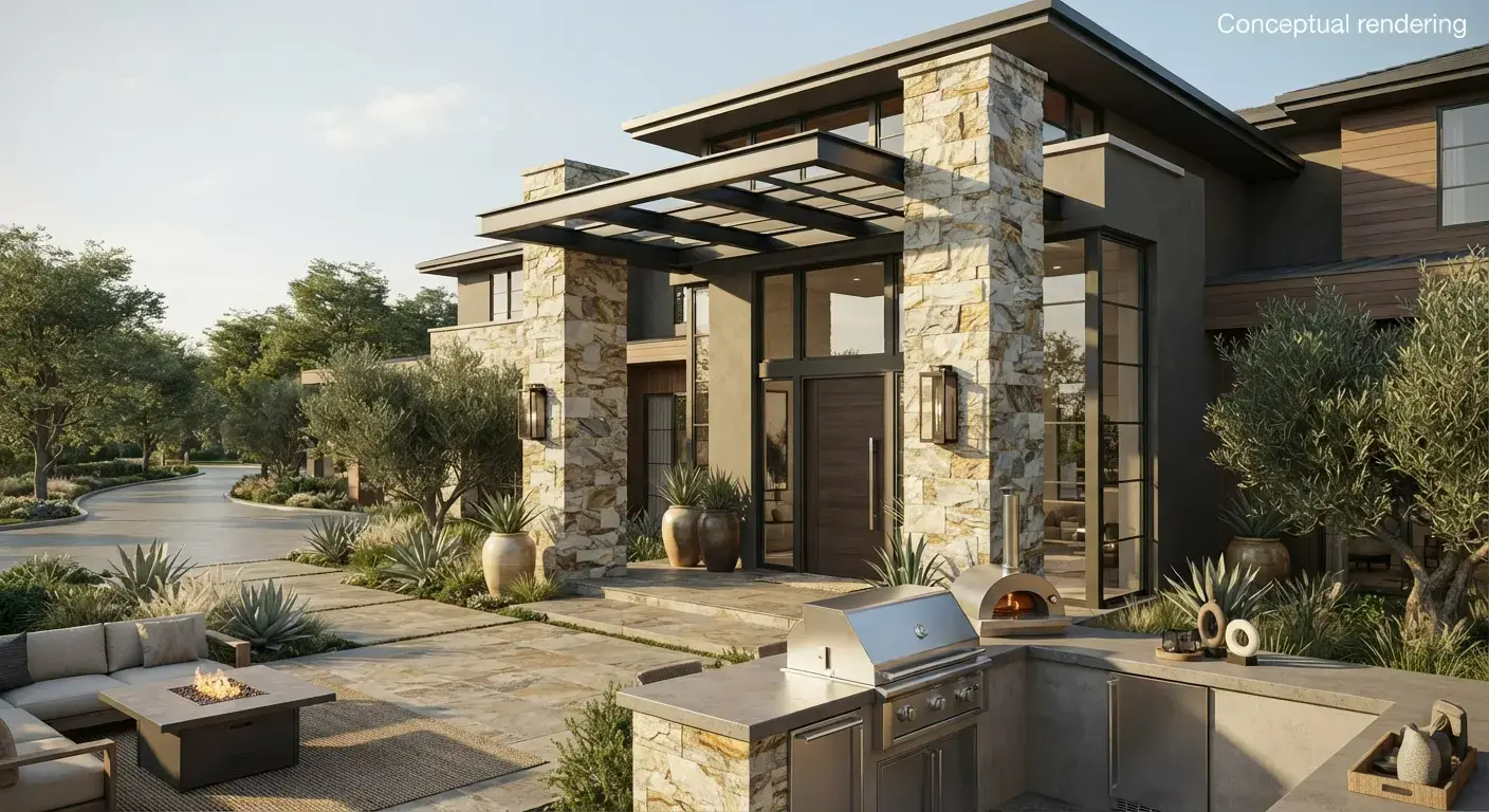Conceptual rendering of a modern home entry with stacked quartzite stone columns, a steel canopy, and an outdoor kitchen with a pizza oven.