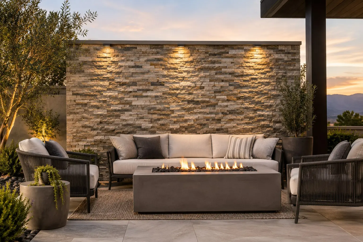 Conceptual rendering of a Luxury Patio Wall Lounge at Dusk.