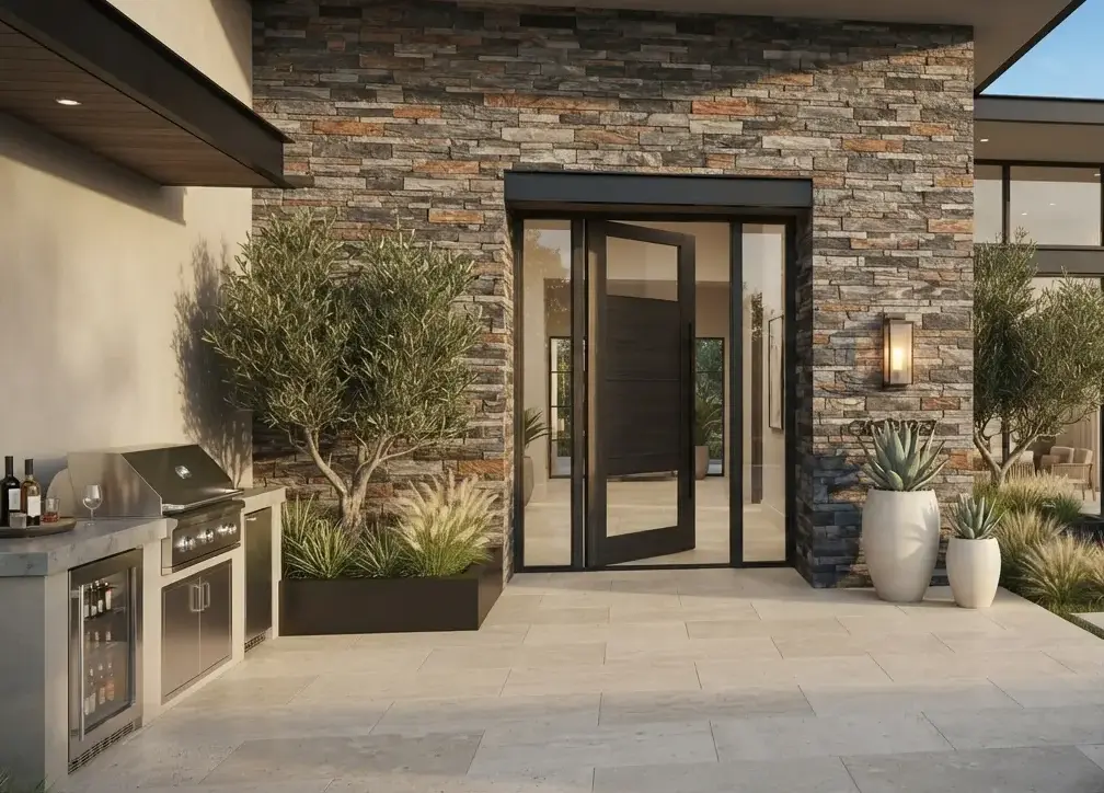Conceptual rendering of an exterior ledger stone accent wall at a modern entryway.