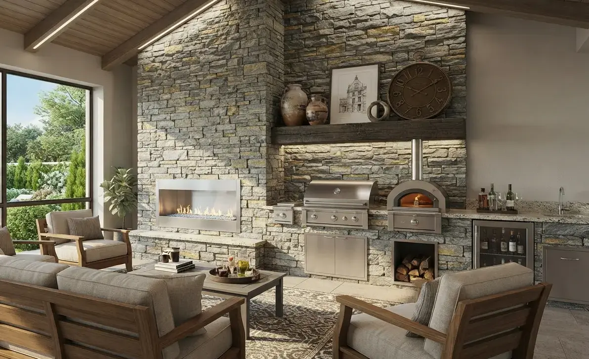 Conceptual rendering of an exterior ledger stone indoor fireplace surround.