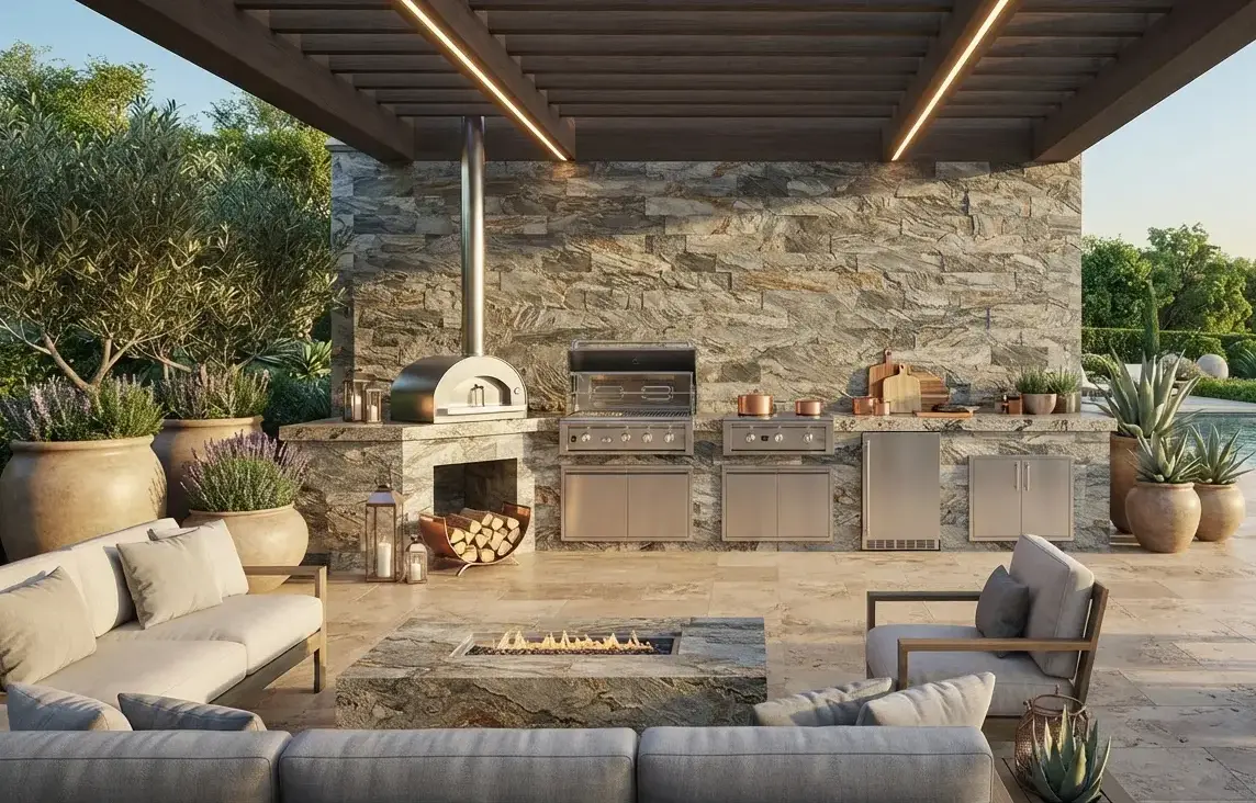 Conceptual rendering of an exterior ledger stone outdoor kitchen backdrop.