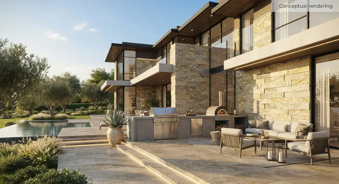 Conceptual rendering of quartzite ledger stone in exterior walls.