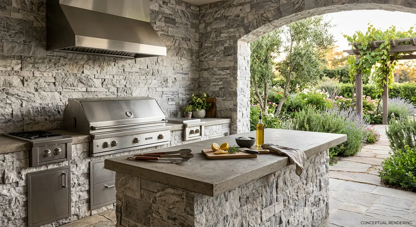Conceptual rendering of marble ledger stone in kitchen backsplash.