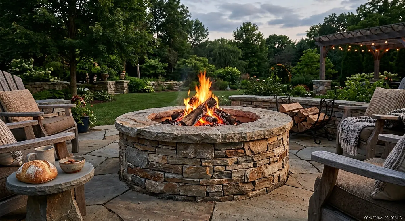 Conceptual rendering of quartzite stacked stone in outdoor fire pits.
