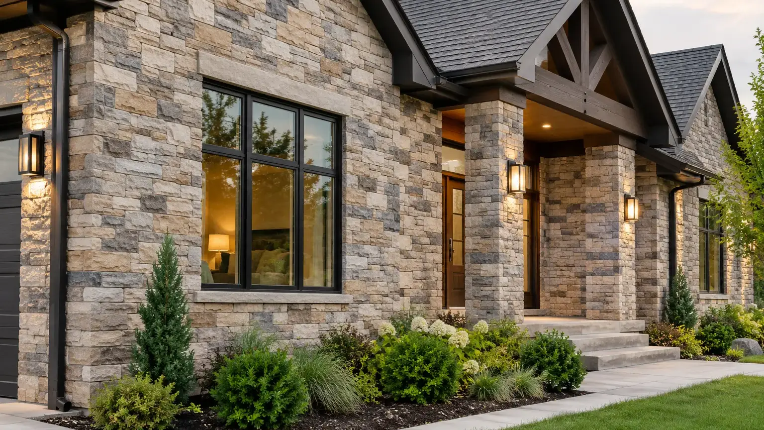Conceptual rendering of modern home exterior with natural stone veneer walls.