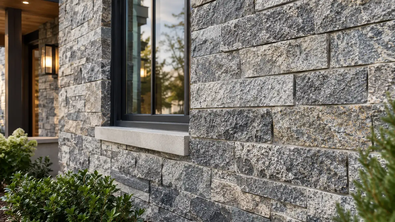 Conceptual rendering of granite exterior stone veneer wall on a modern home.