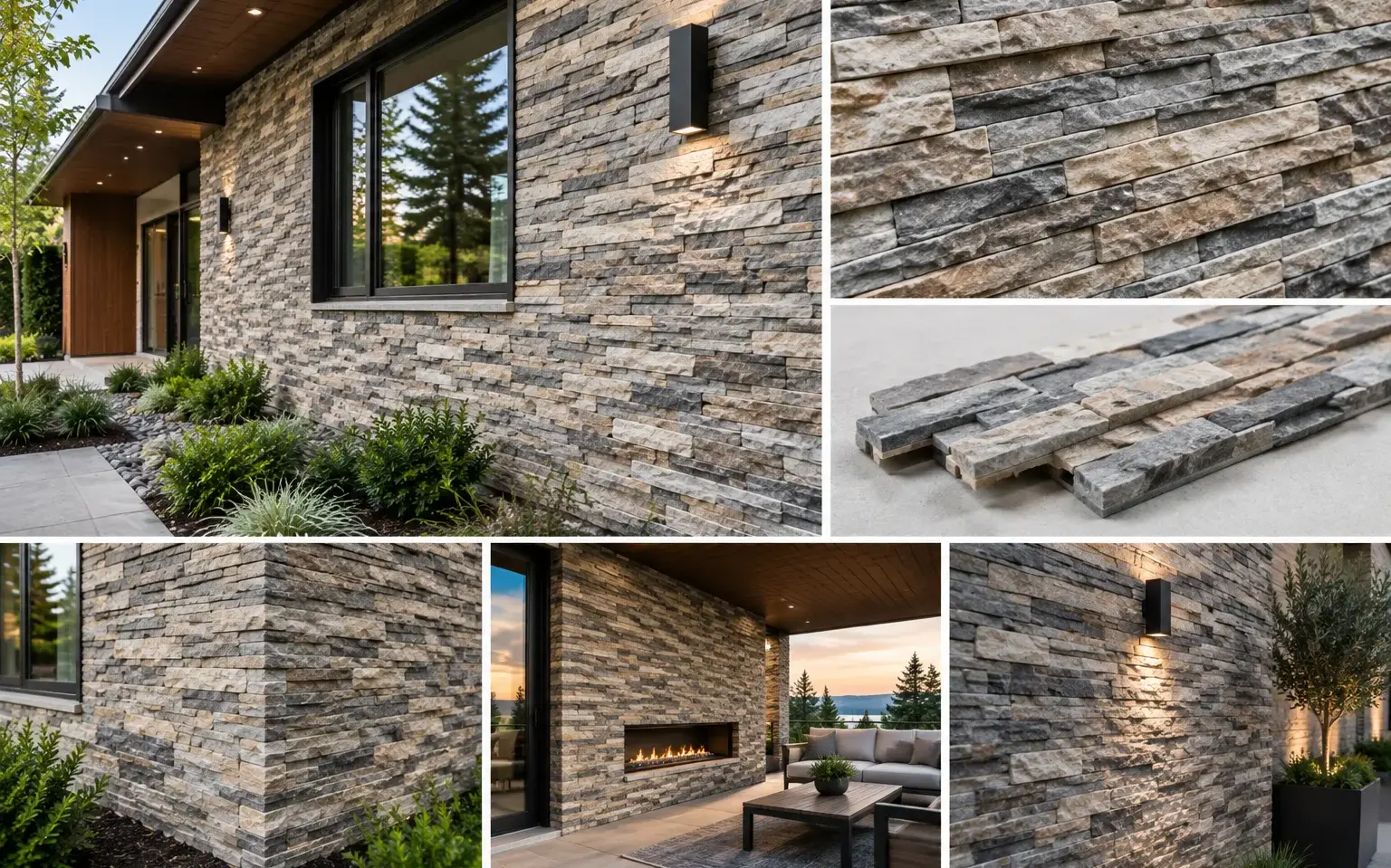 Conceptual rendering of stacked stone panels on exterior walls with natural stone texture and corner detailing.