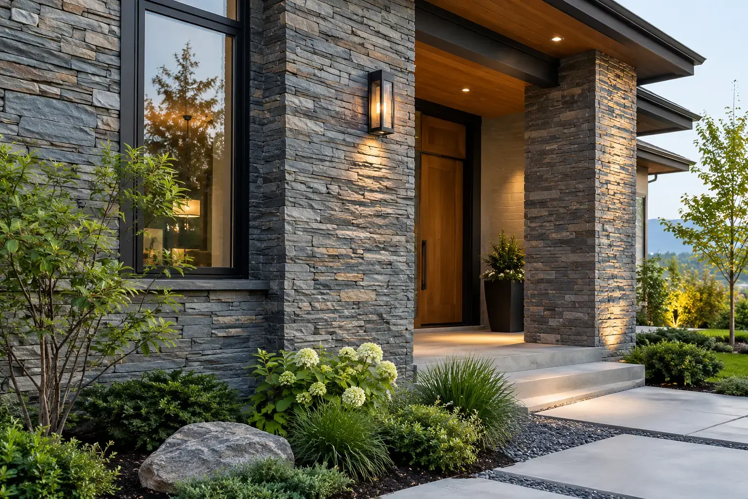 Conceptual rendering of slate ledger stone exterior wall on modern home.