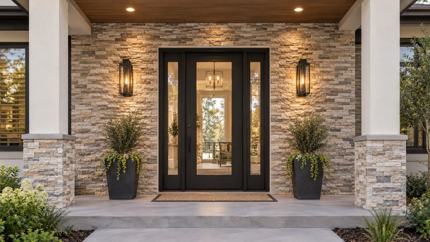 Conceptual rendering of quartzite ledger stone in entry walls.