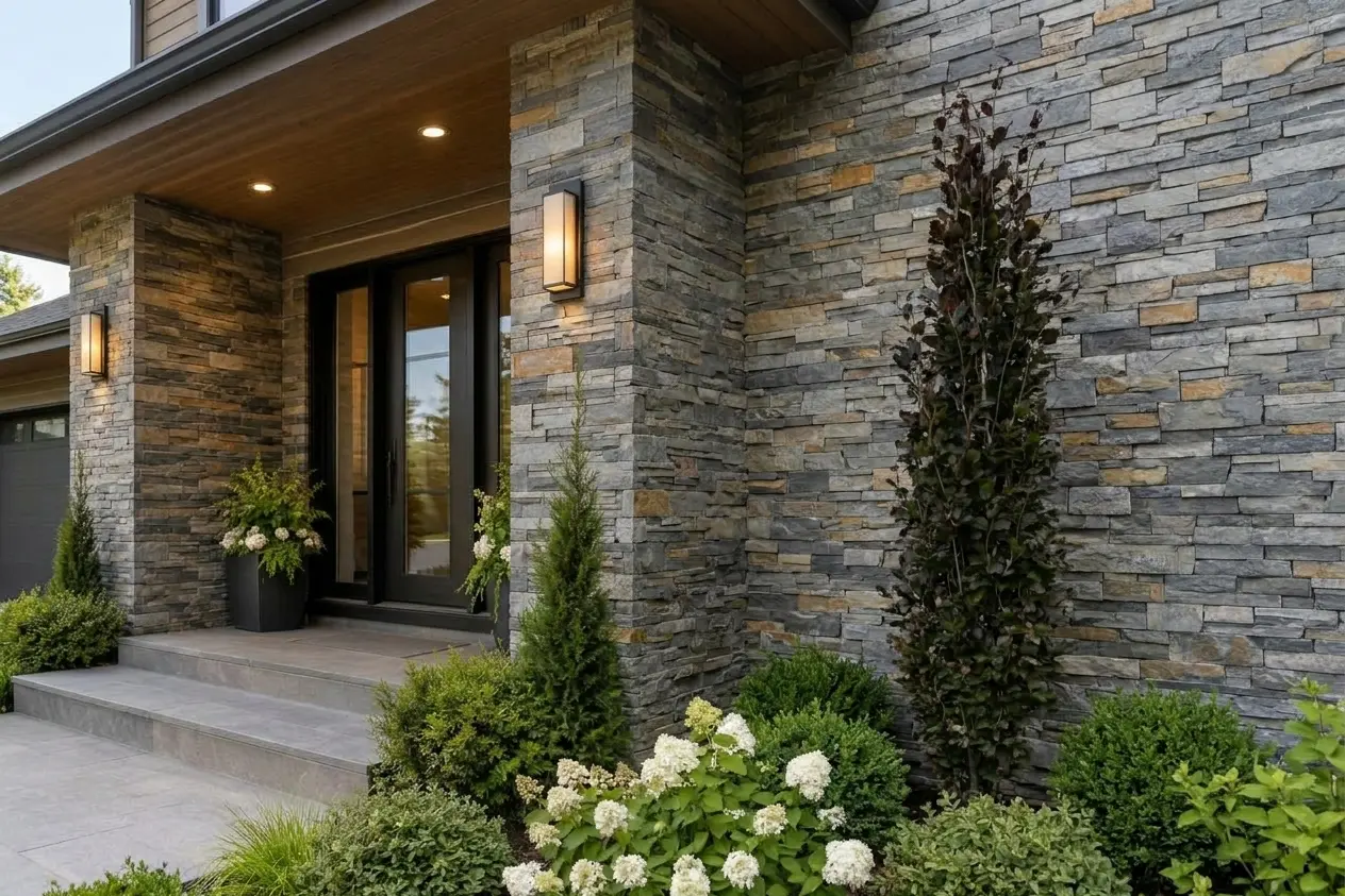 Conceptual rendering of modern house entry featuring slate ledger stone exterior wall cladding.