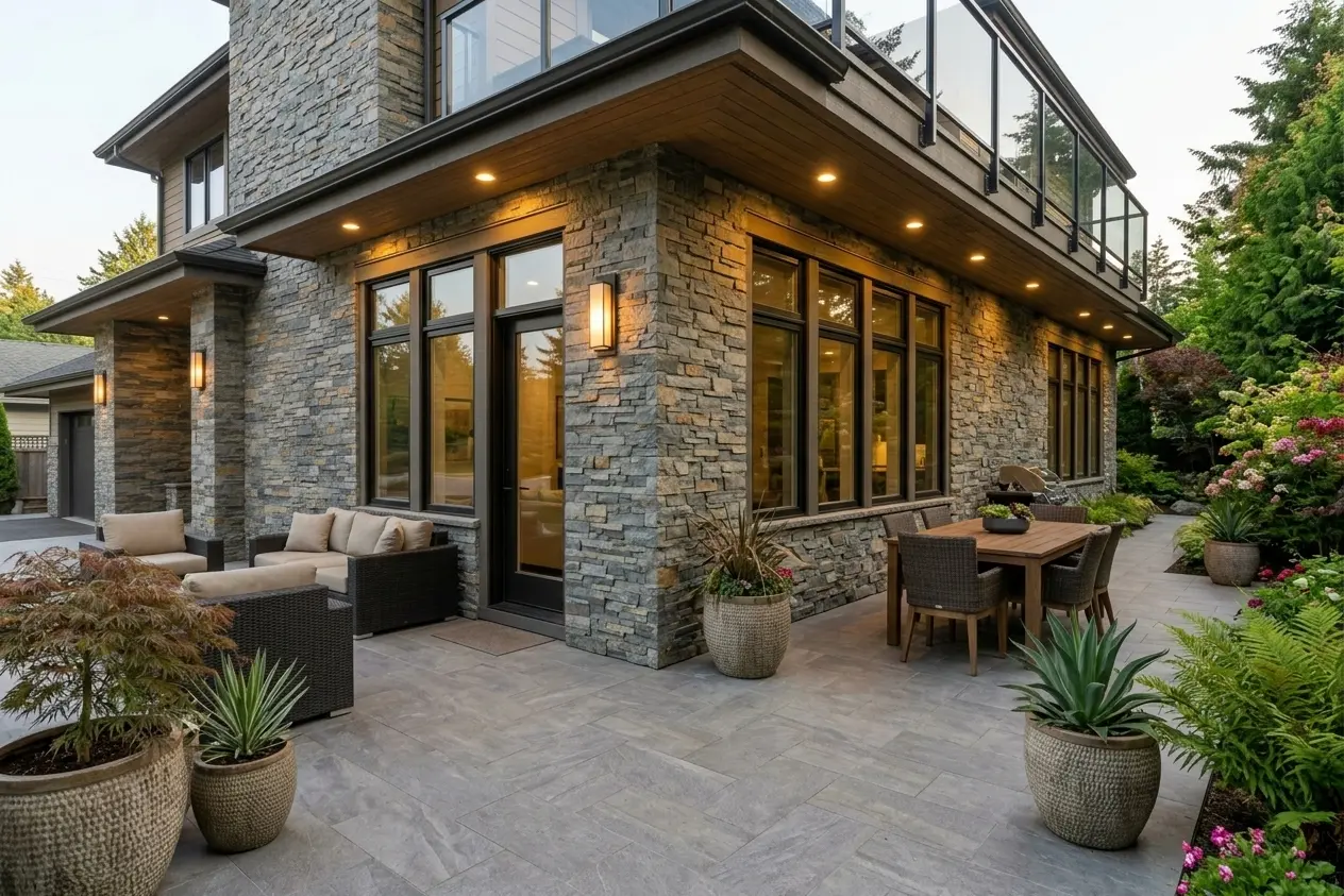 Conceptual rendering of modern patio exterior featuring slate ledger stone walls and outdoor seating.