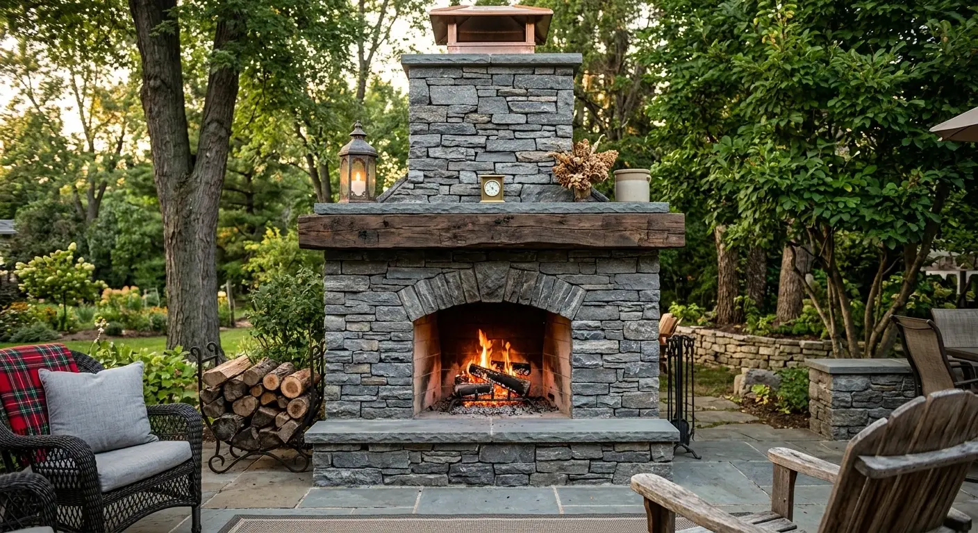Conceptual rendering of outdoor fireplace with slate ledger stone surround.