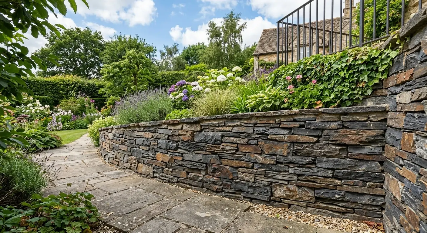 Conceptual rendering of outdoor garden retaining wall featuring stacked charcoal and rust slate ledger stone.