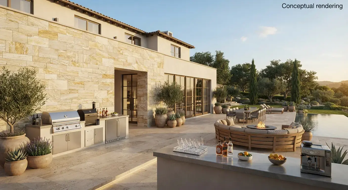 Limestone ledger stone panels used as natural exterior wall cladding accent.