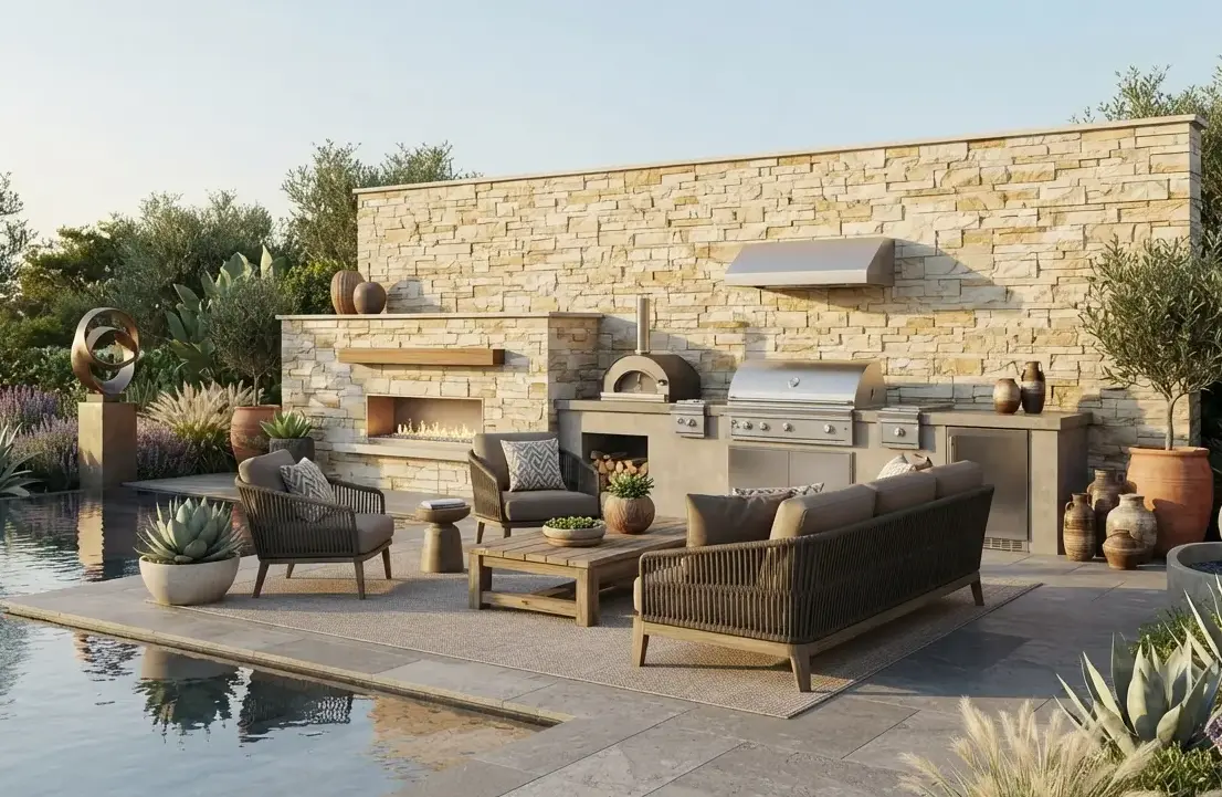 Conceptual rendering of a limestone ledger stone garden wall accent.