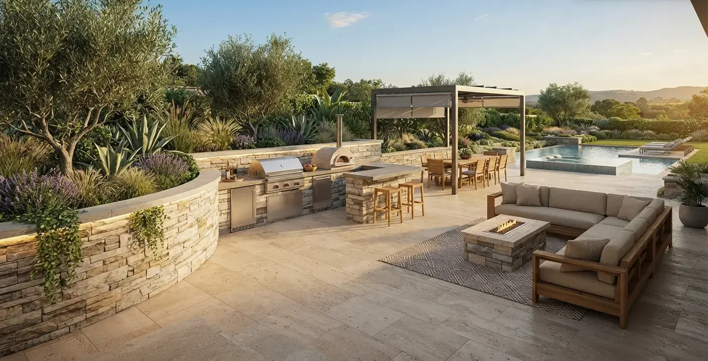 Conceptual rendering of a limestone ledger stone patio perimeter wall.