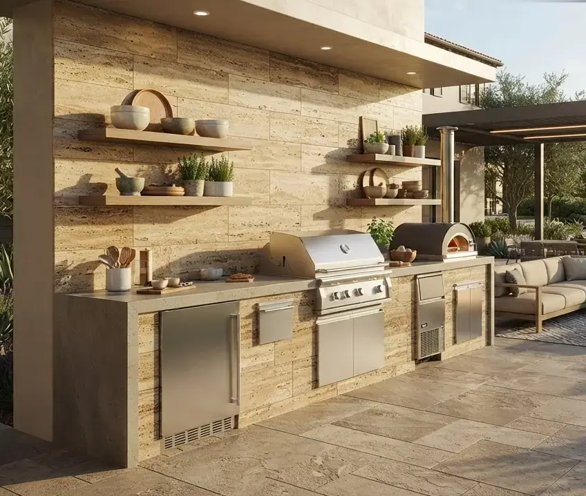 Conceptual rendering of a travertine ledger stone outdoor kitchen wall.