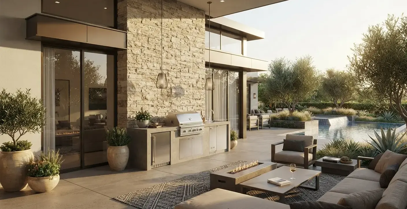 Travertine ledger stone panels on an exterior accent wall.