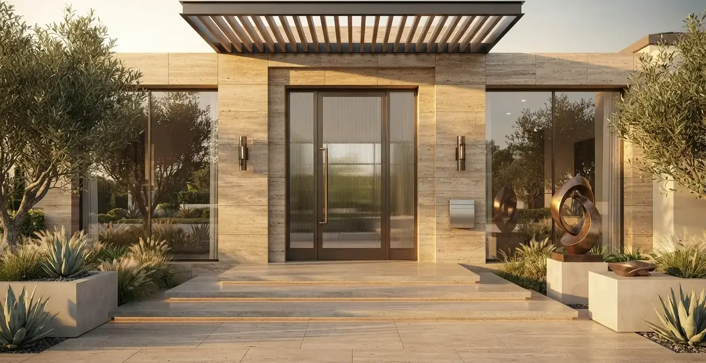 Conceptual rendering of a travertine ledger stone entry facade.