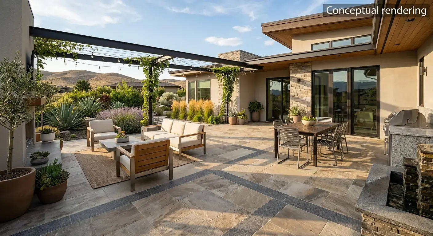 Conceptual rendering of quartzite honed in outdoor patio.