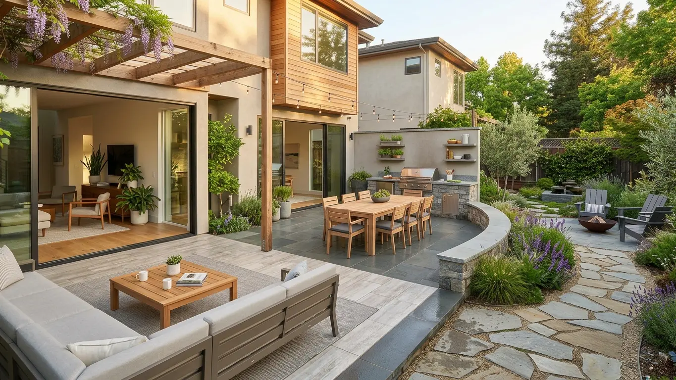 Conceptual rendering of a zoned modern outdoor hardscape patio featuring distinct dining, lounging, and garden areas.