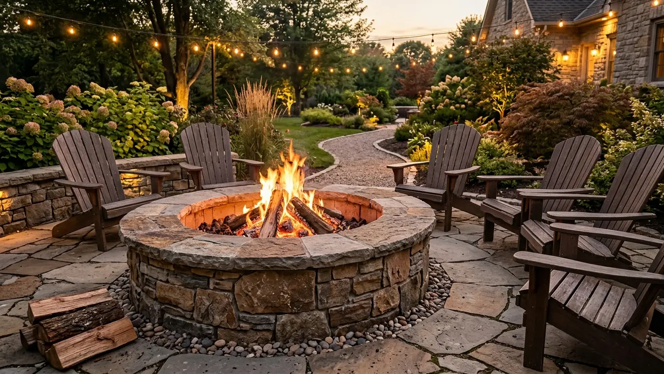 Conceptual rendering of a built-in stacked-stone fire pit with burning wood on a flagstone patio.