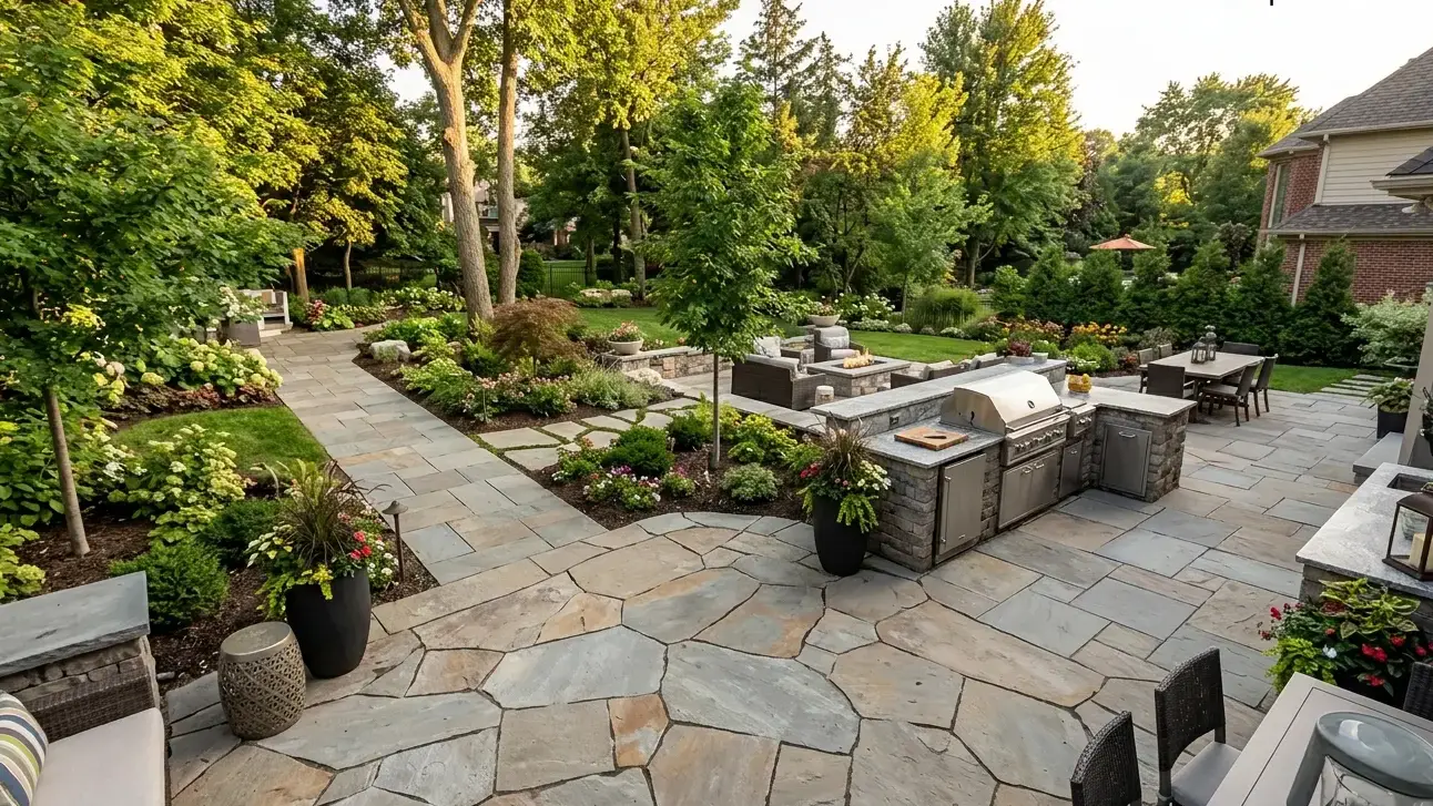 Conceptual rendering of a backyard with large-format, stone-look porcelain hardscape, including a patio and outdoor kitchen.