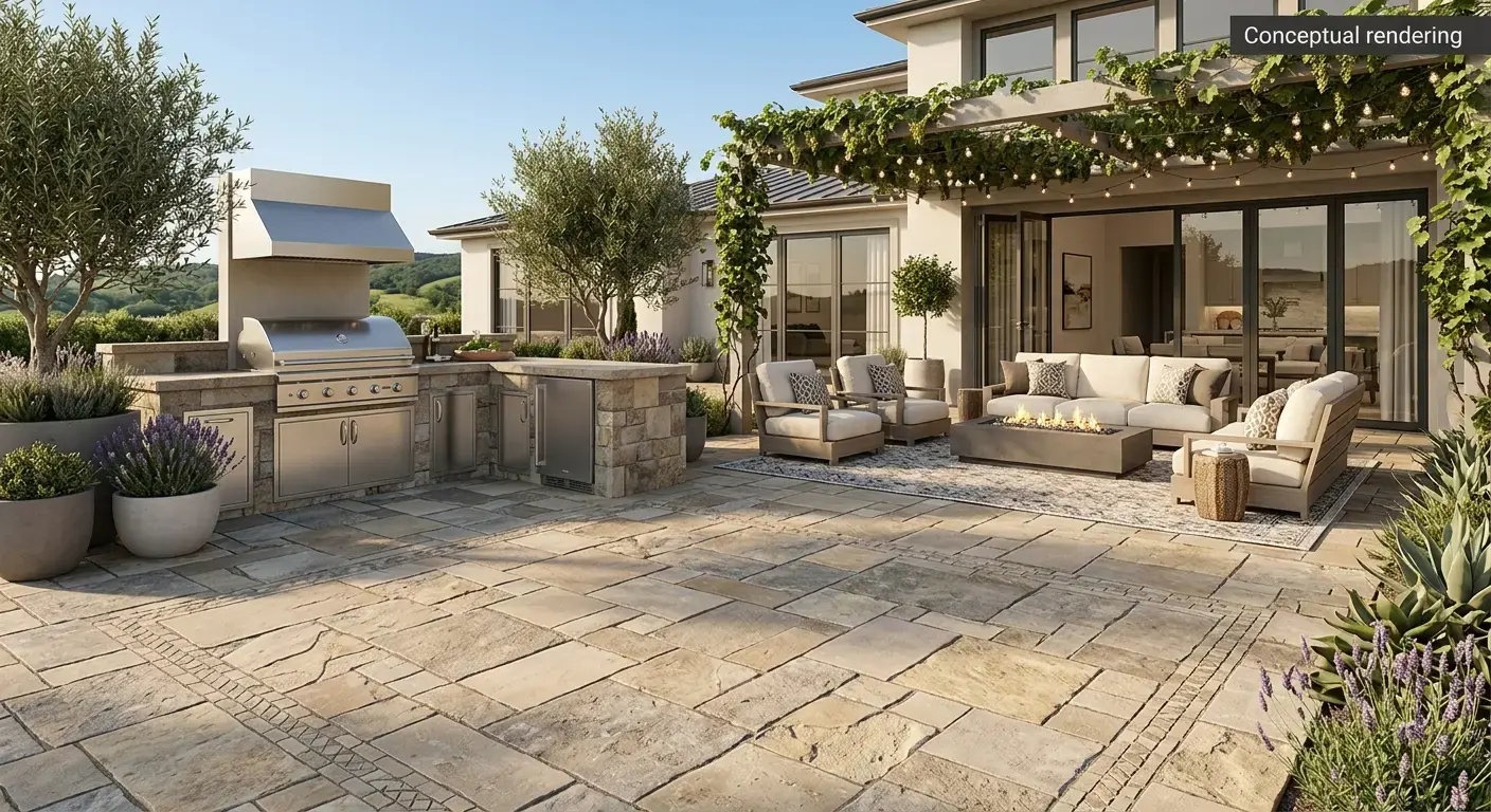 Conceptual rendering o quartzite stone in outdoor patio.