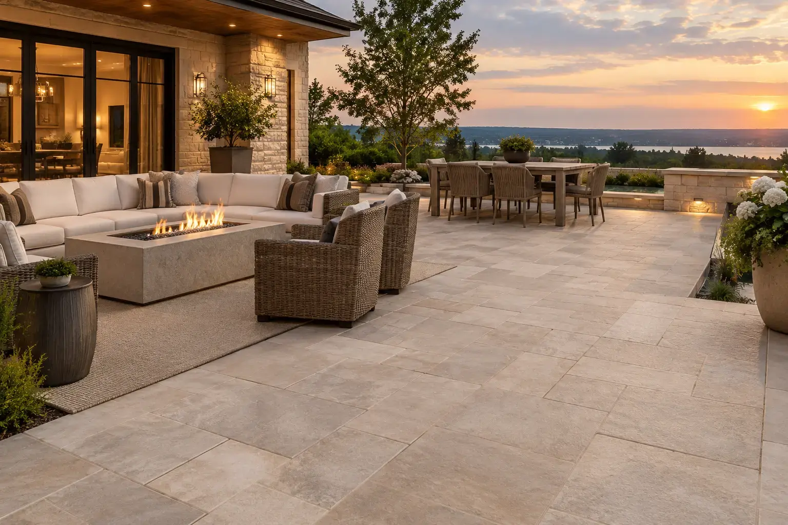 Conceptual rendering of luxury patio with beige quartzite paver.