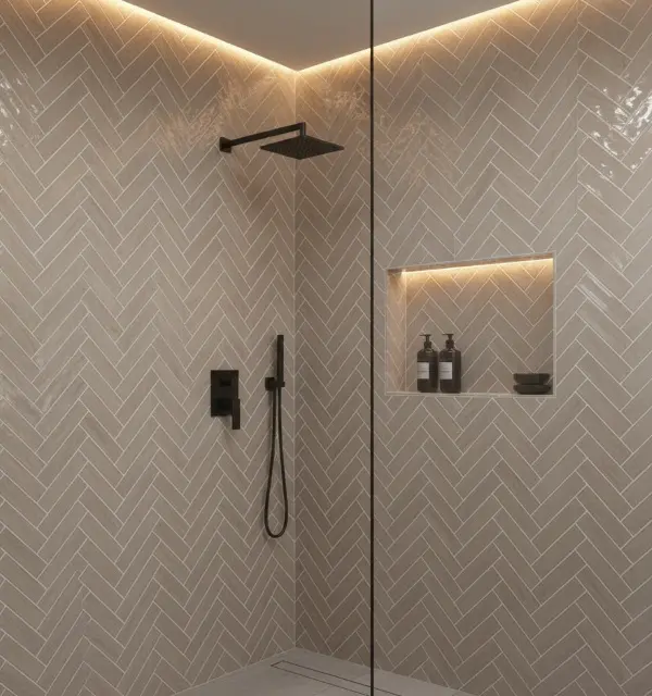 Conceptual rendering of bathroom shower wall featuring beige glass subway tiles in herringbone layout.