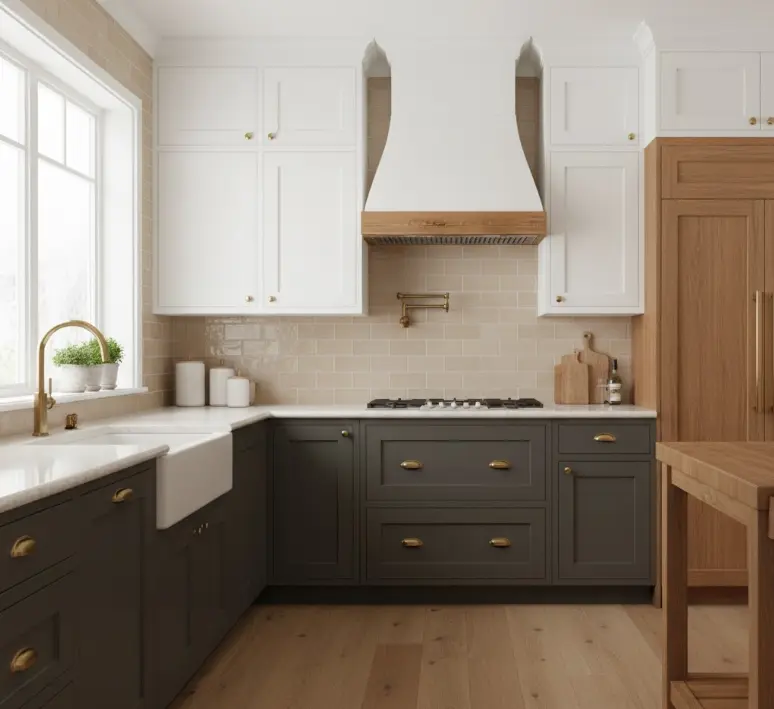 Conceptual rendering of beige ceramic subway tile kitchen backsplash with warm neutral glazed finish.