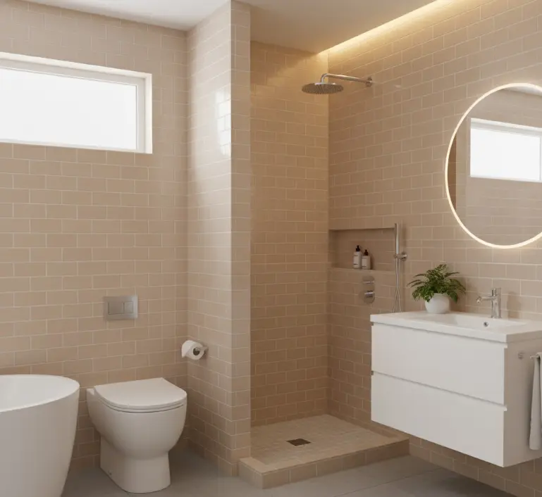 Conceptual rendering of beige ceramic subway tile shower surround in a spa-style bathroom.