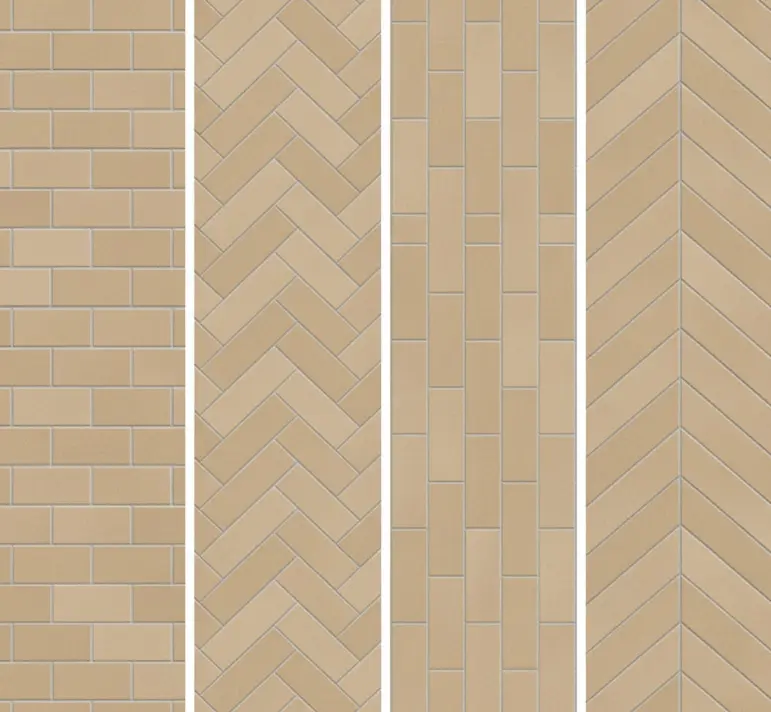 Conceptual rendering of beige ceramic subway tile layout patterns including brick, herringbone, and vertical stack.