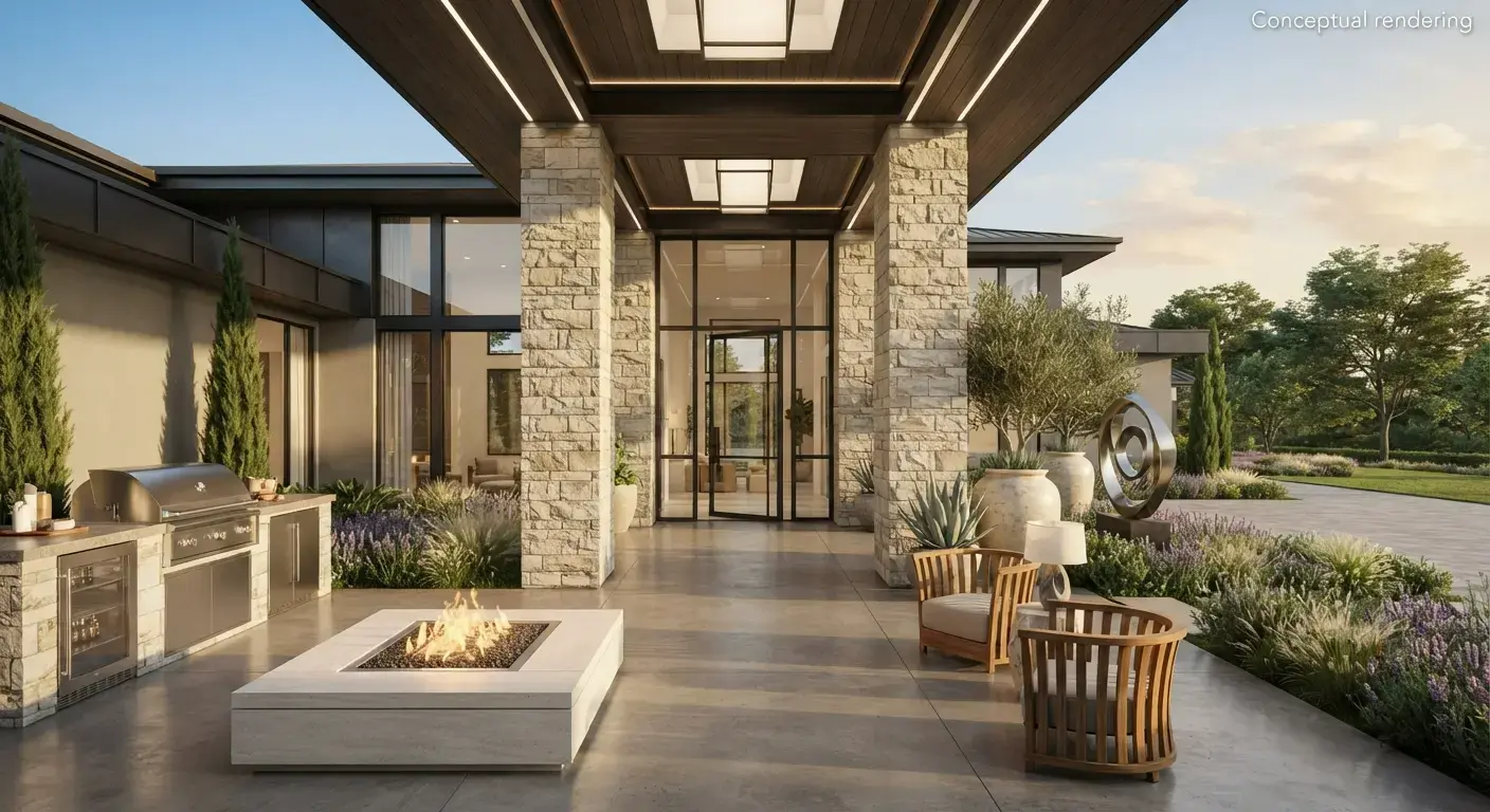 Conceptual rendering of a modern home entrance with patio pavers, stone columns, and a fire pit.