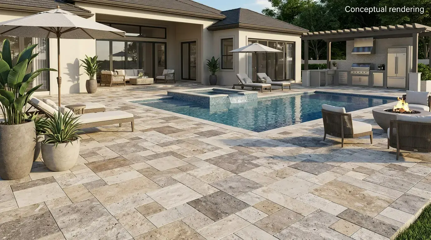 Conceptual rendering of a backyard pool deck with travertine patio pavers and an outdoor kitchen.