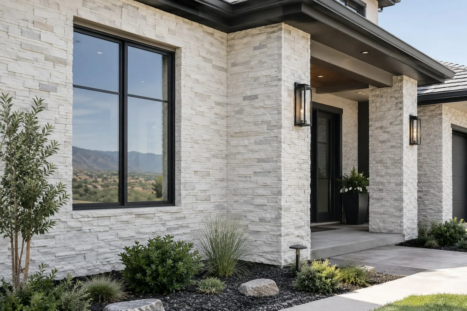 Conceptual rendering of a White Ledger Stone Modern Stone-Clad Home Entrance.