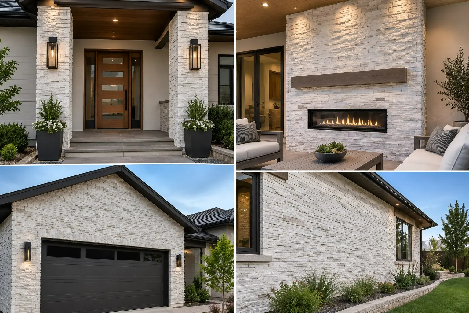 Conceptual rendering of a White Ledger Stone of a Modern Home Stonework Collage.