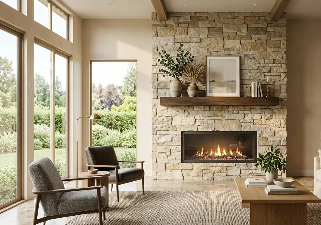 Conceptual rendering of a Premium Sandstone Ledger Stone fireplace surround interior.