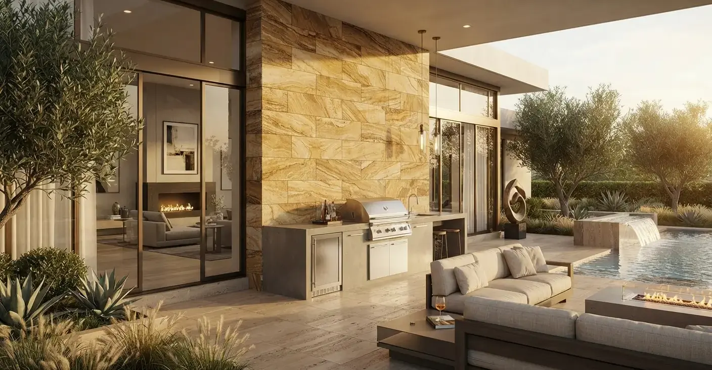 Premium Sandstone Ledger Stone wall cladding with warm buff and brown veining.