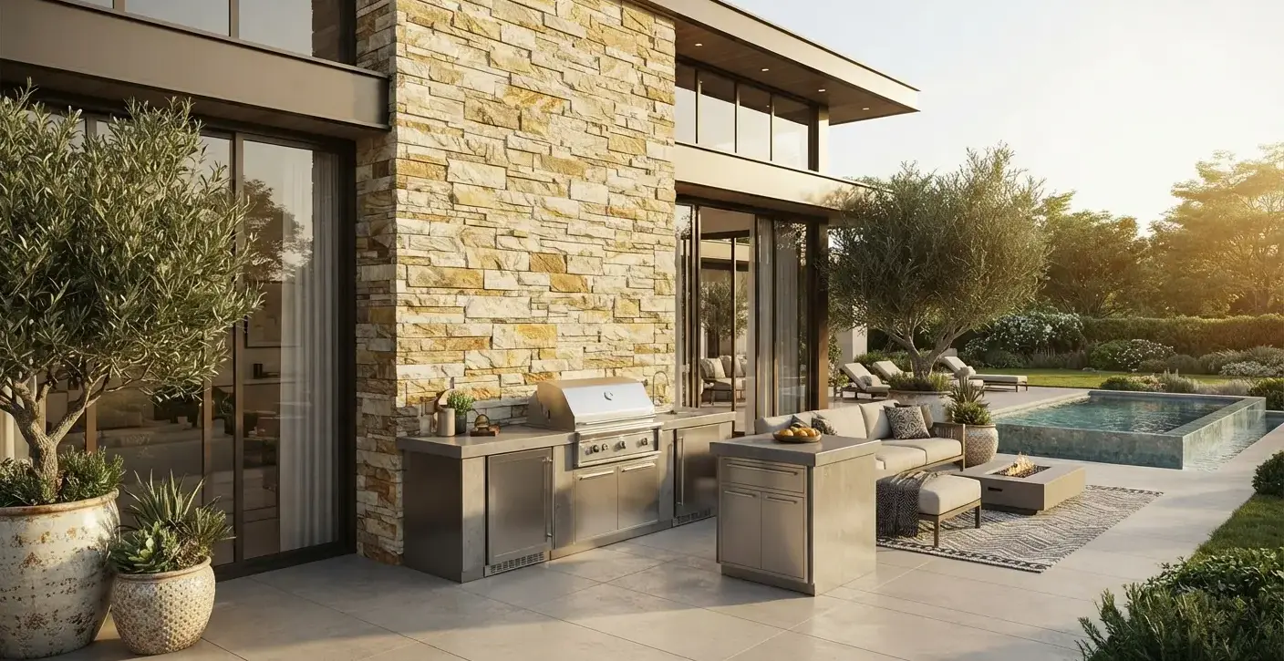 Conceptual rendering of a Premium Sandstone Ledger Stone exterior facade accent wall.