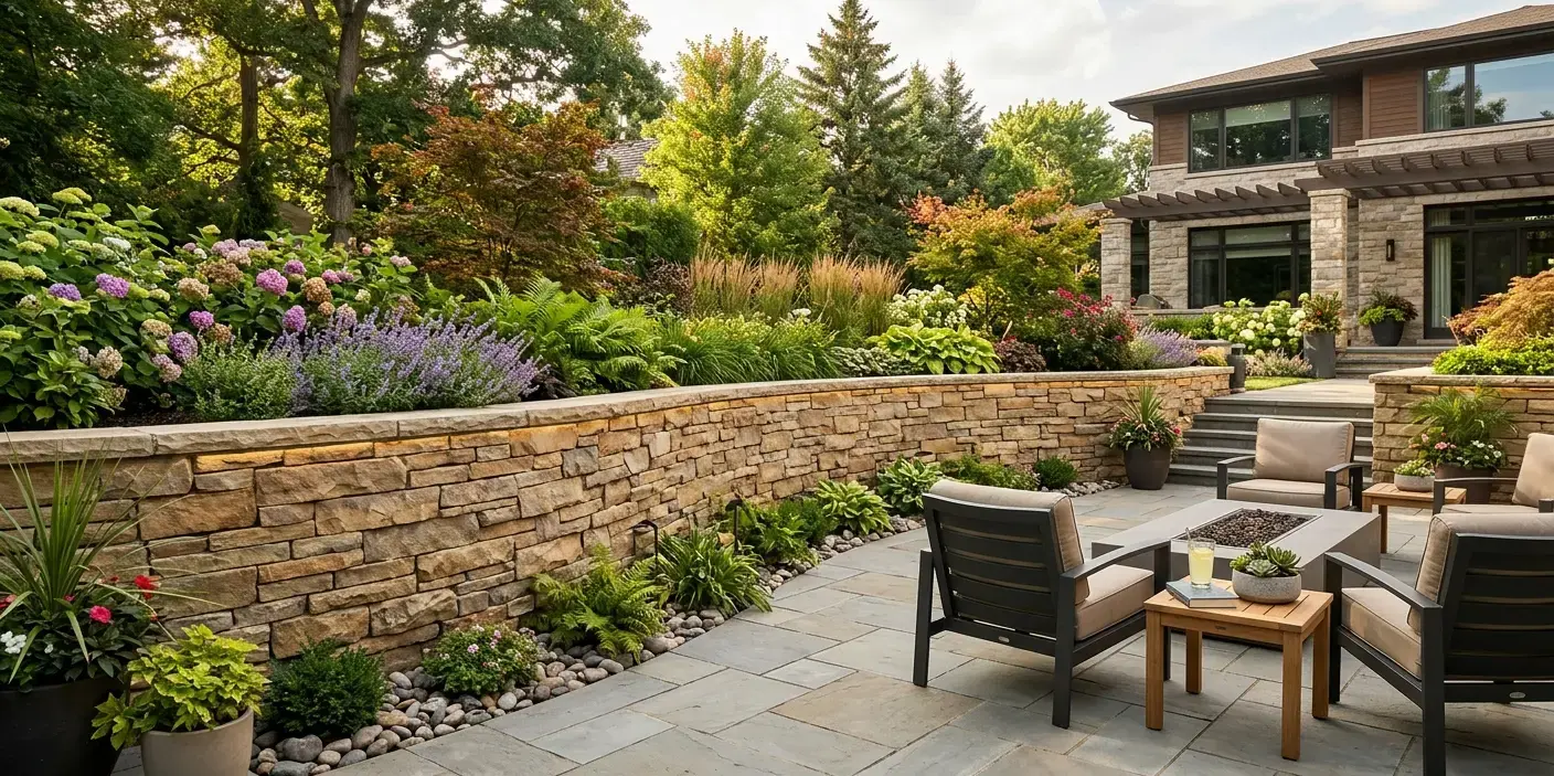 Conceptual rendering of a Premium Sandstone Ledger Stone garden wall landscaping feature.