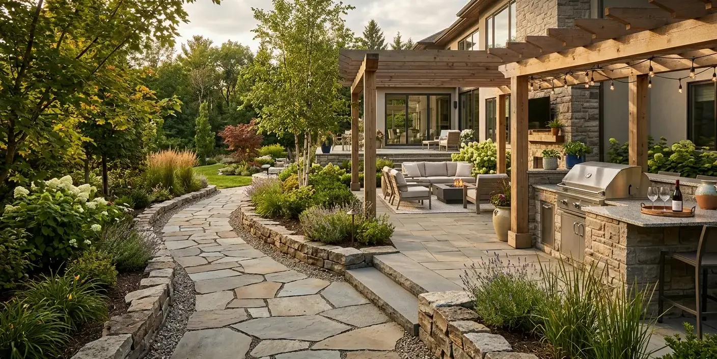 Conceptual rendering of a hardscape walkway bordered by stone edging.
