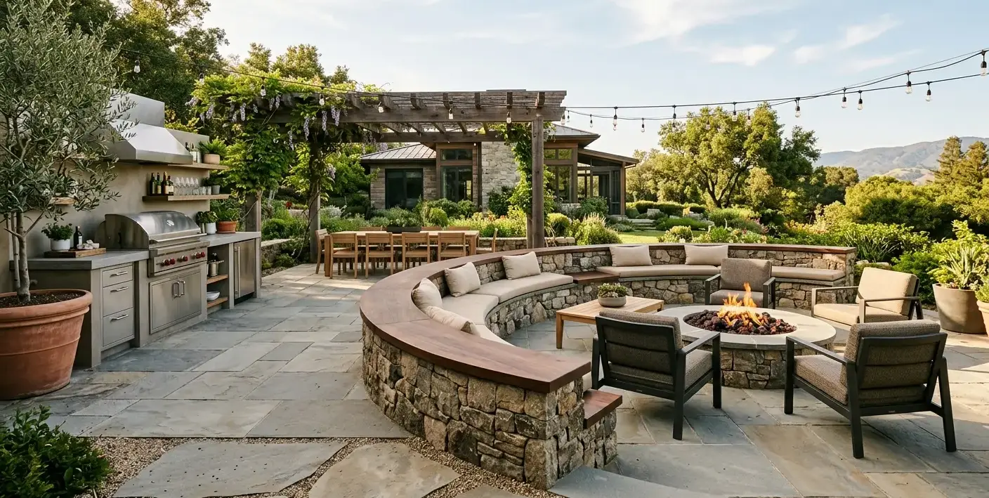 Conceptual rendering of a hardscape patio with a stone seating wall.