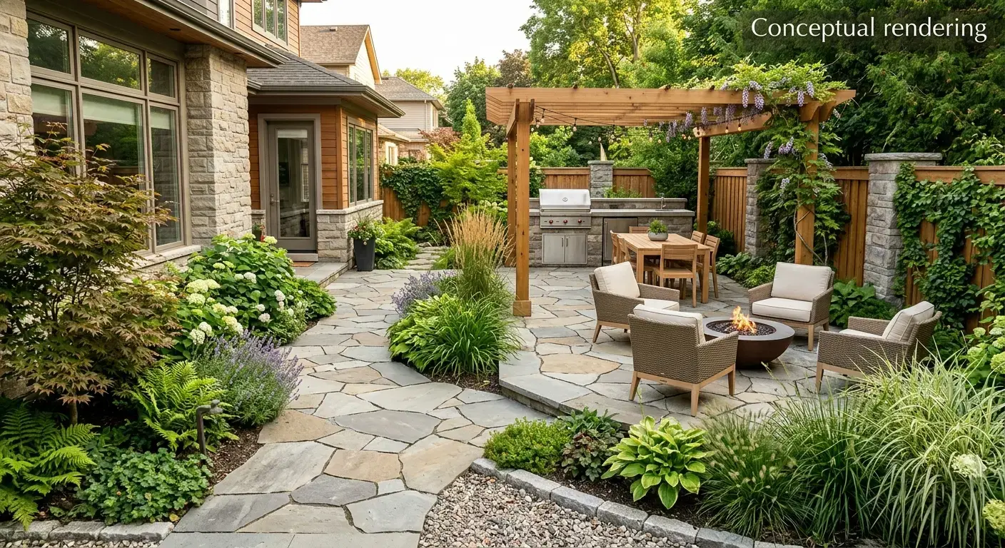 Conceptual rendering of natural stone paver with mosaic pattern in patio.