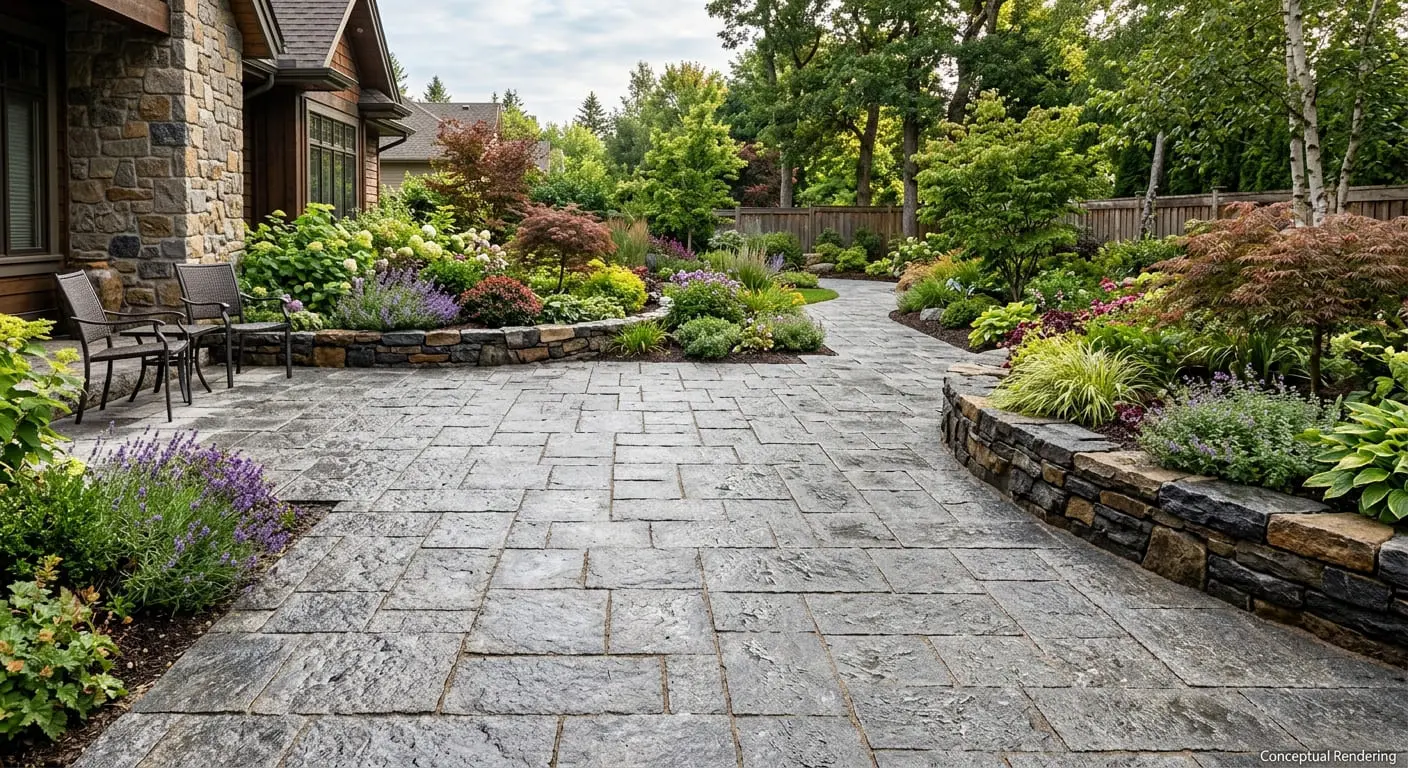 Conceptual rendering of outdoor hardscape featuring a grey flamed granite paver patio and walkway.