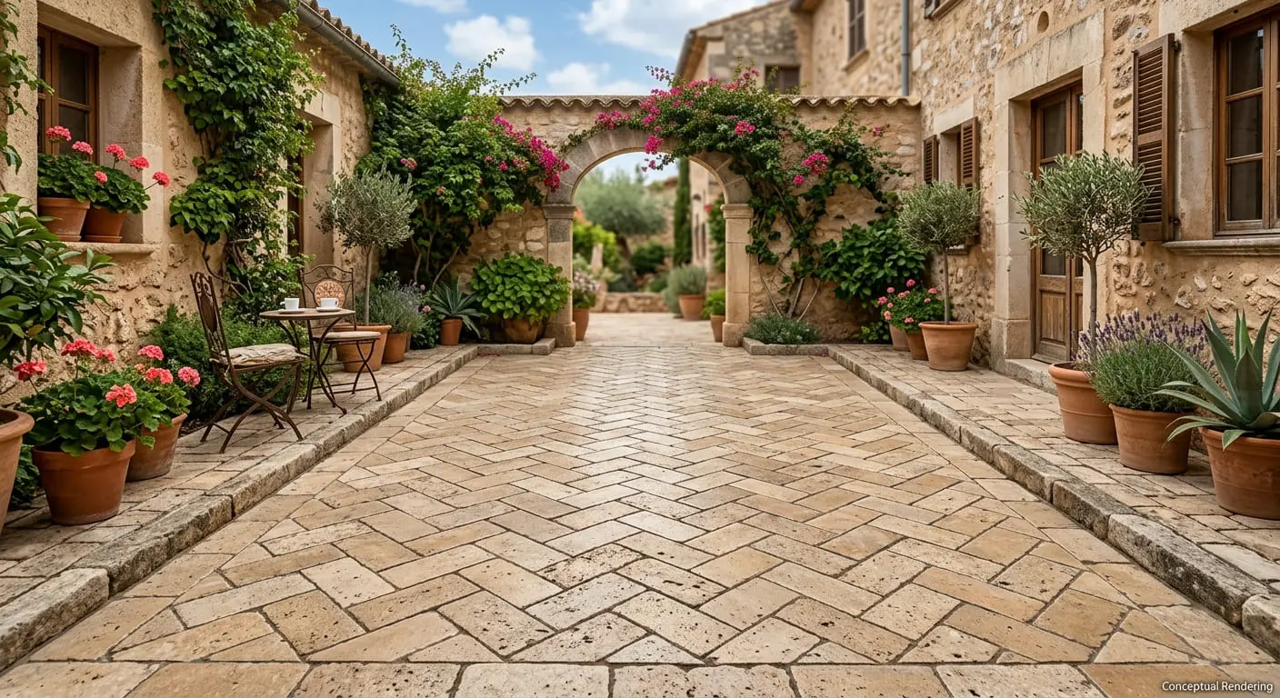 Conceptual rendering of courtyard with natural warm-beige travertine pavers in herringbone pattern.