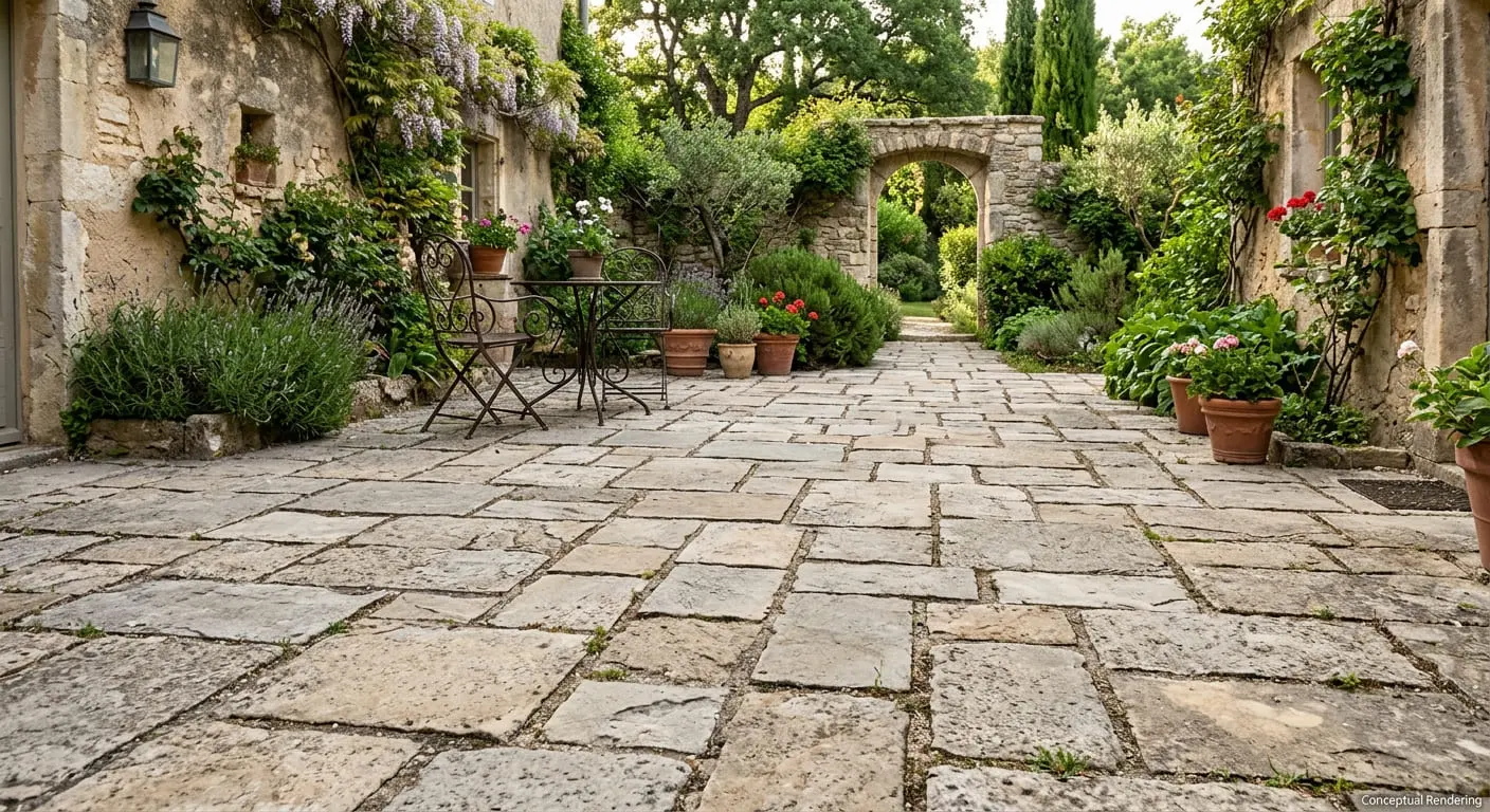 Conceptual rendering of flagstone running bond pattern courtyard in a rustic garden.